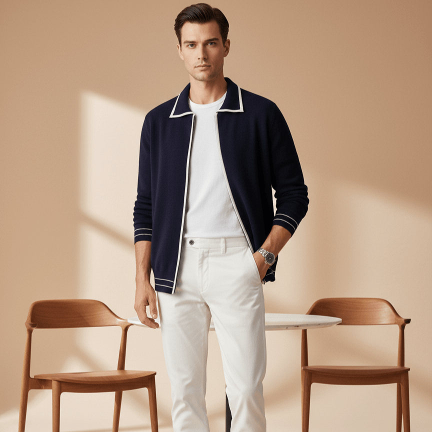 MERINO WOOL CONTRAST-EDGE POLO CARDIGAN