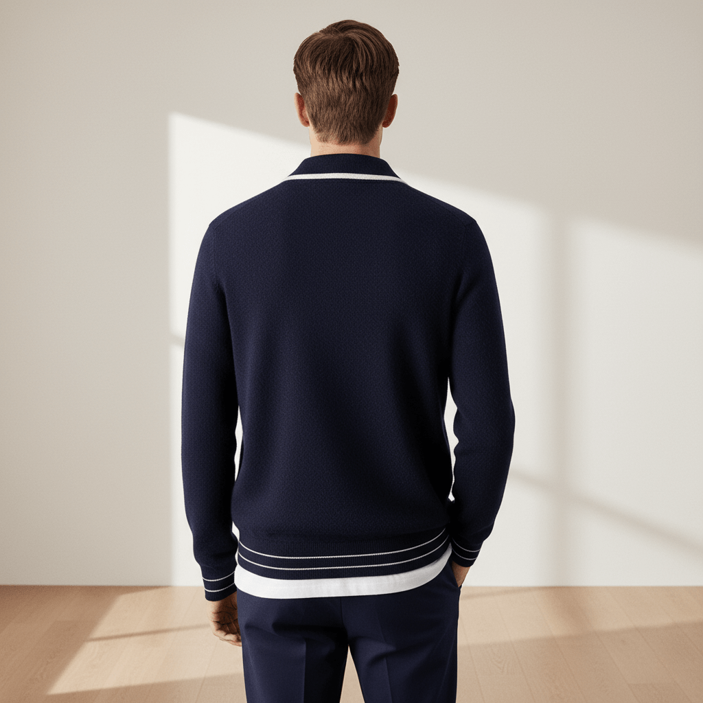 MERINO WOOL CONTRAST-EDGE POLO CARDIGAN