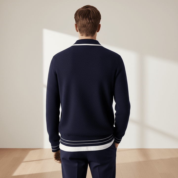 MERINO WOOL CONTRAST-EDGE POLO CARDIGAN