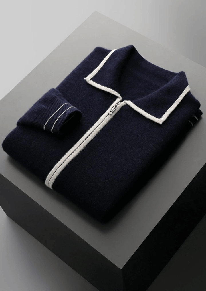 MERINO WOOL CONTRAST-EDGE POLO CARDIGAN
