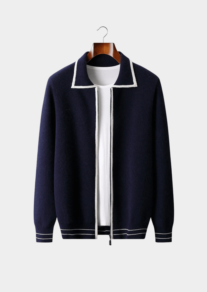 MERINO WOOL CONTRAST-EDGE POLO CARDIGAN