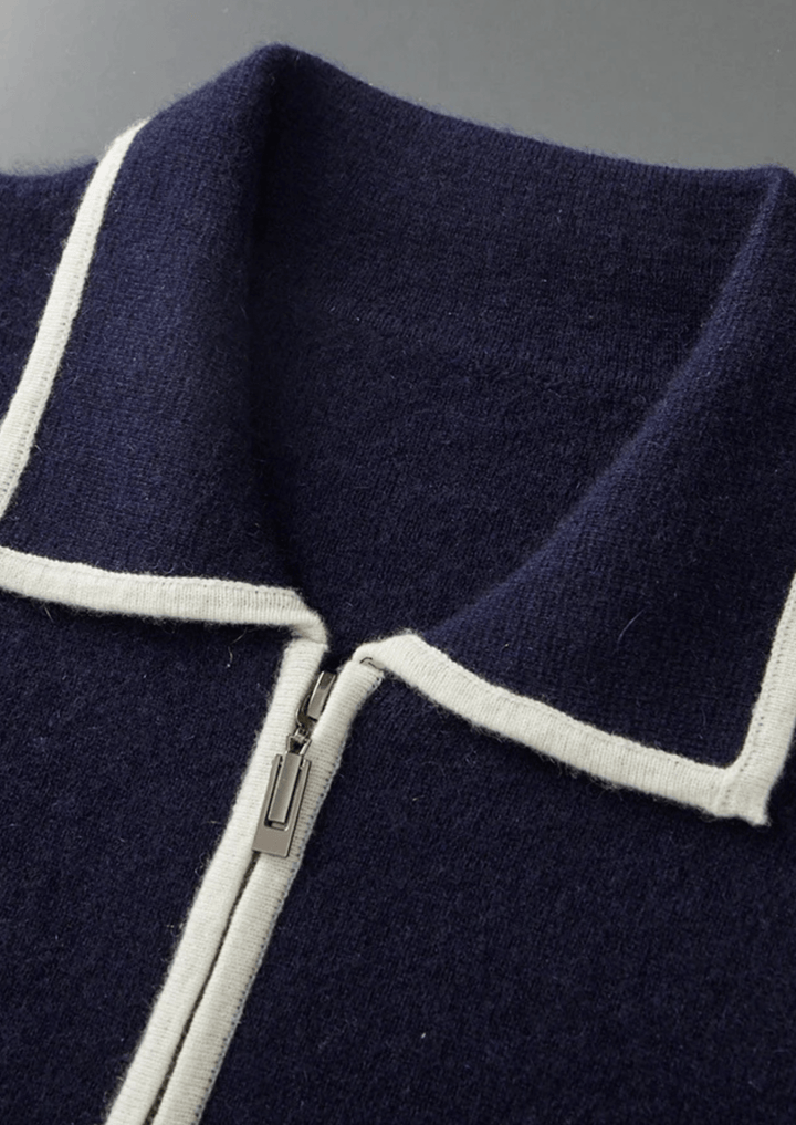 MERINO WOOL CONTRAST-EDGE POLO CARDIGAN