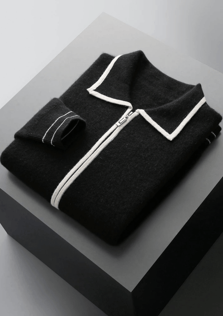 MERINO WOOL CONTRAST-EDGE POLO CARDIGAN